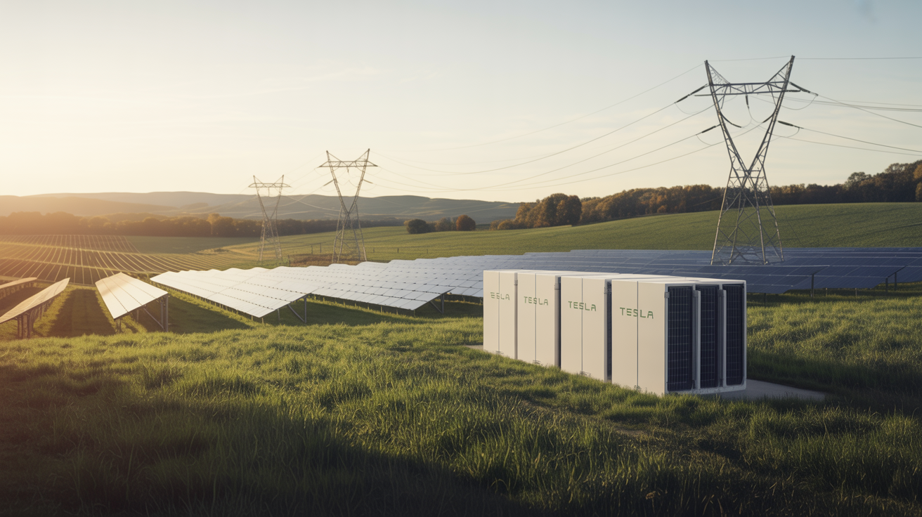 Rural land with solar panels, battery storage containers, and transmission towers